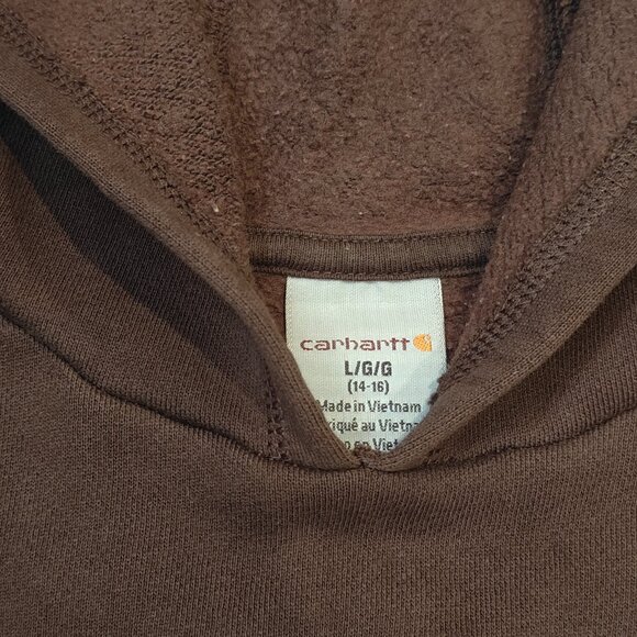 Carhartt Hoodie Camo Logo Pullover Brown Boys Youth Size Large 14-16 Used Stain - Picture 8 of 12
